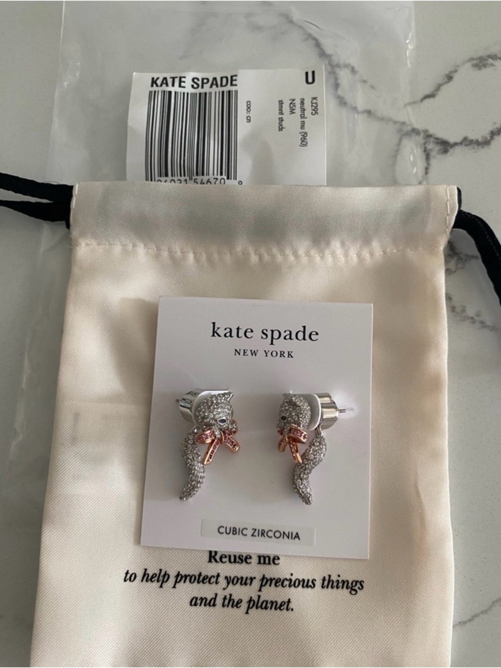 kate spade Silver and Rose Gold Crystal Cat Drop Earrings - Picture 2 of 2